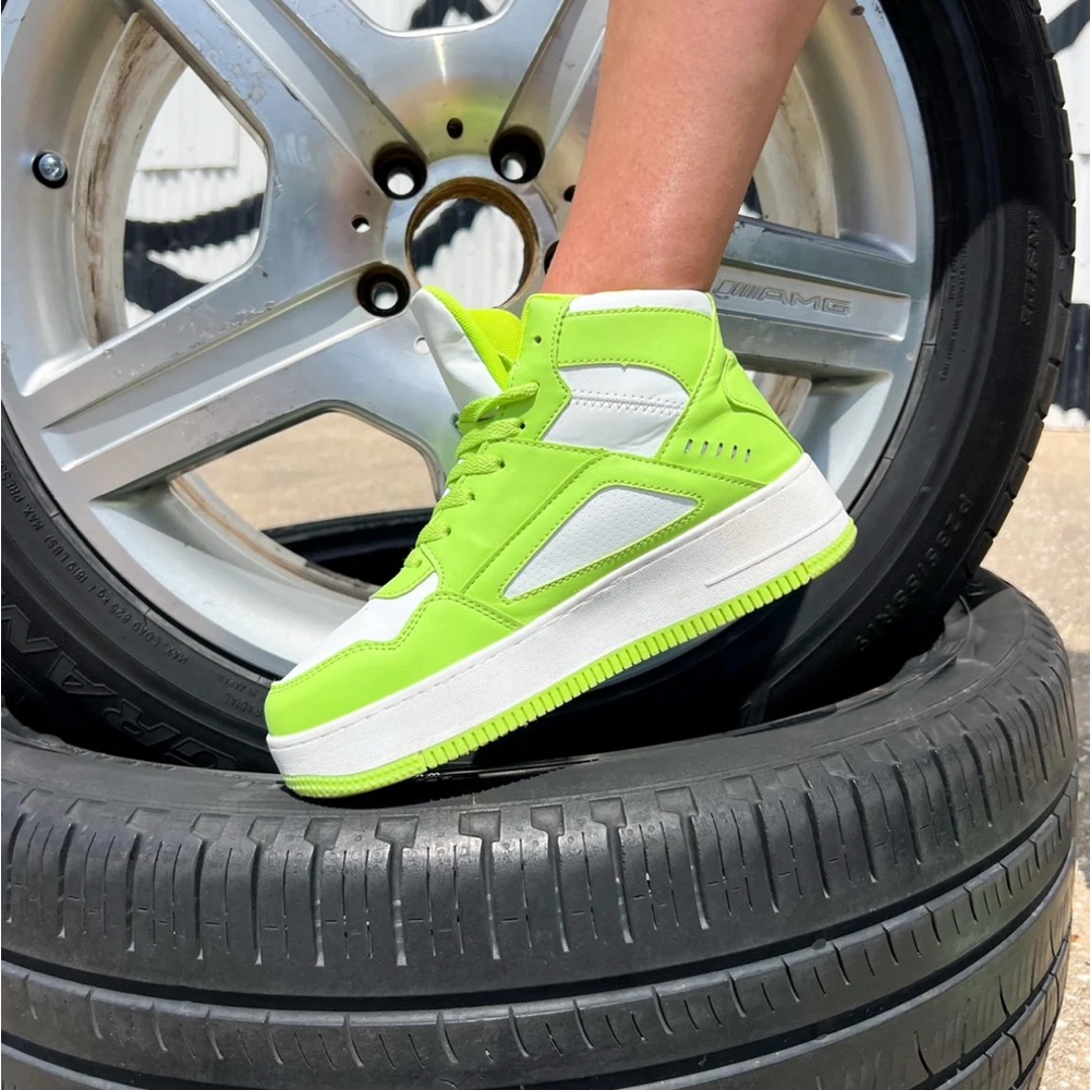 Neon Green and White High-Top Sneakers